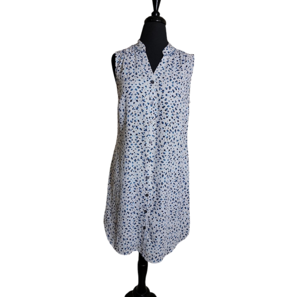 CAbi Camilla sleeveless v neck button front blue print shirt dress women's small